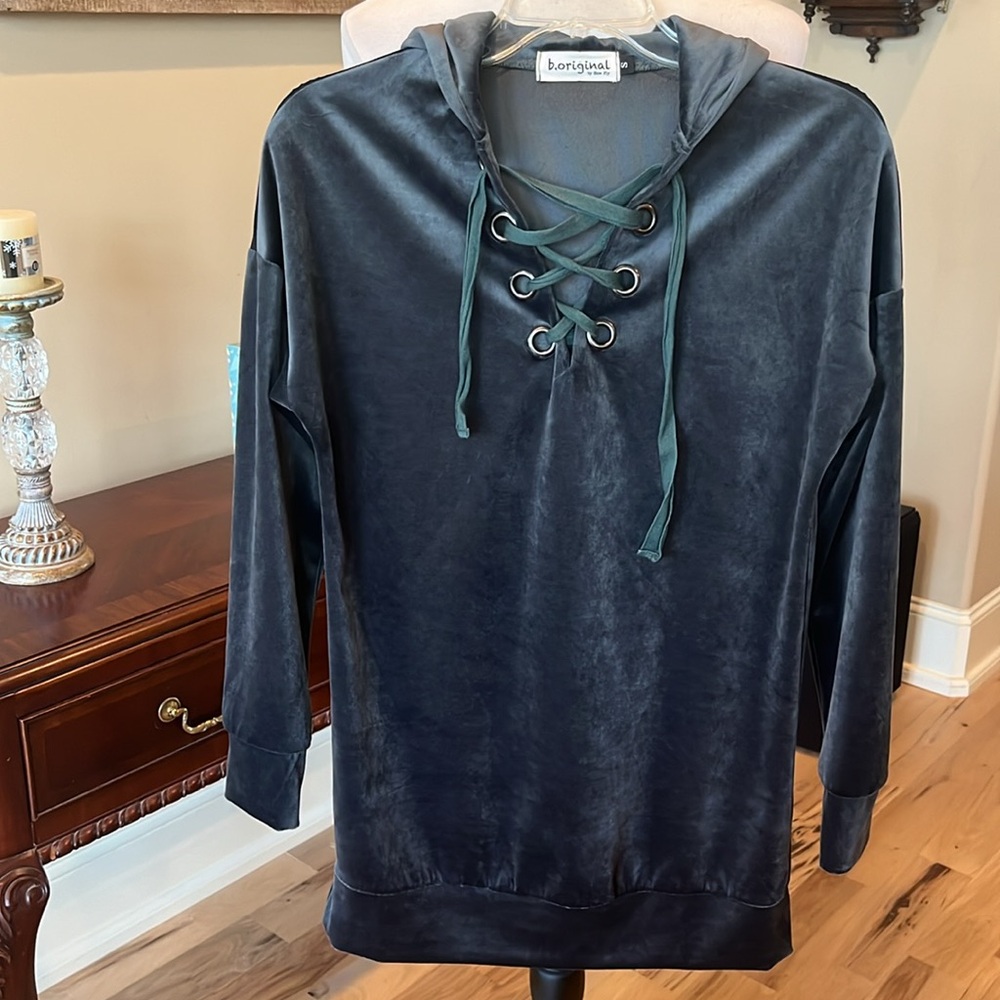Oversized Velour Tunic Top Charcoal Gray Womens Small Hoodie Pullover